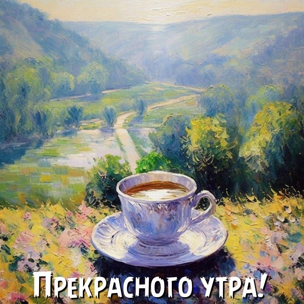Утро, чашка с напитком на блюдце перед холмами