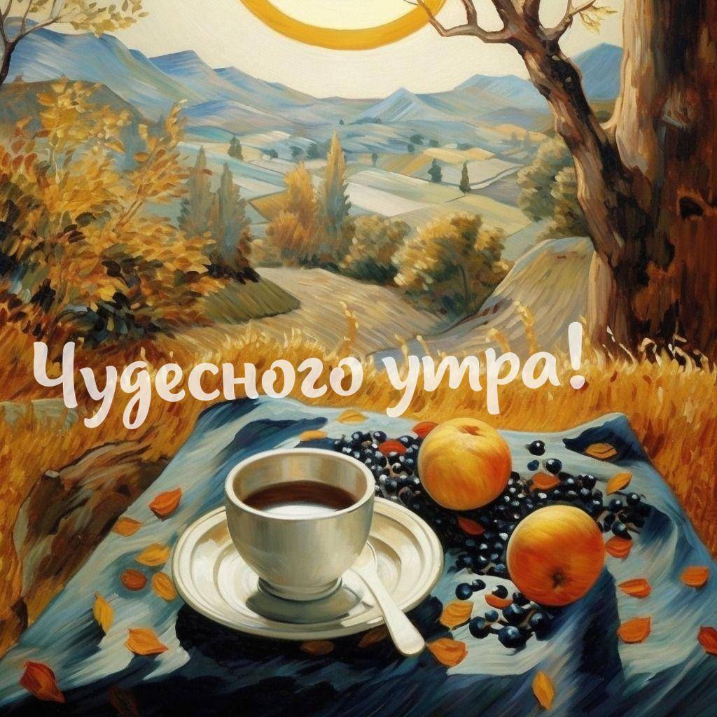 Утро, чашка с напитком, персики и ягоды на синей скатерти