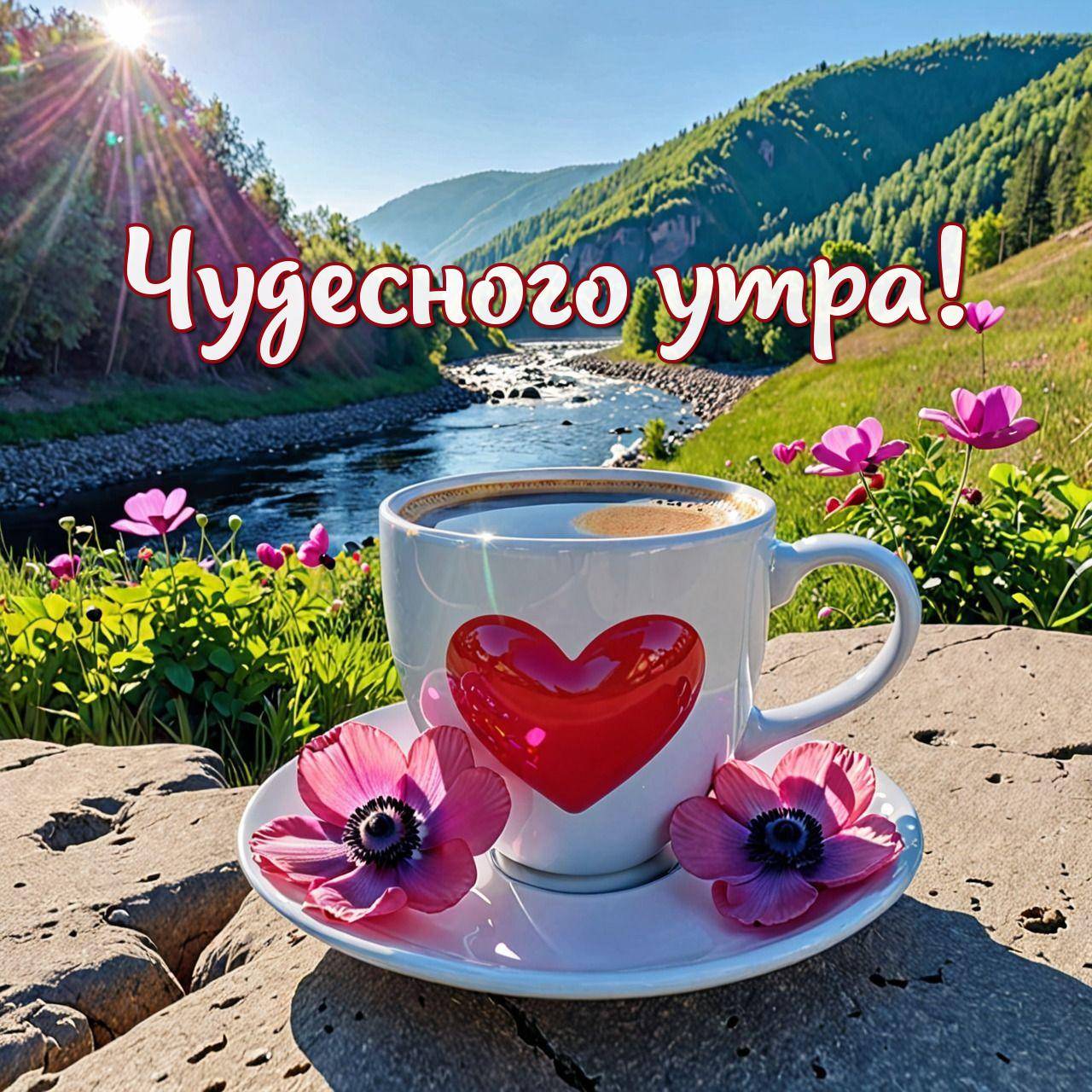 Утро, чашка с сердцем, цветы и река на фоне