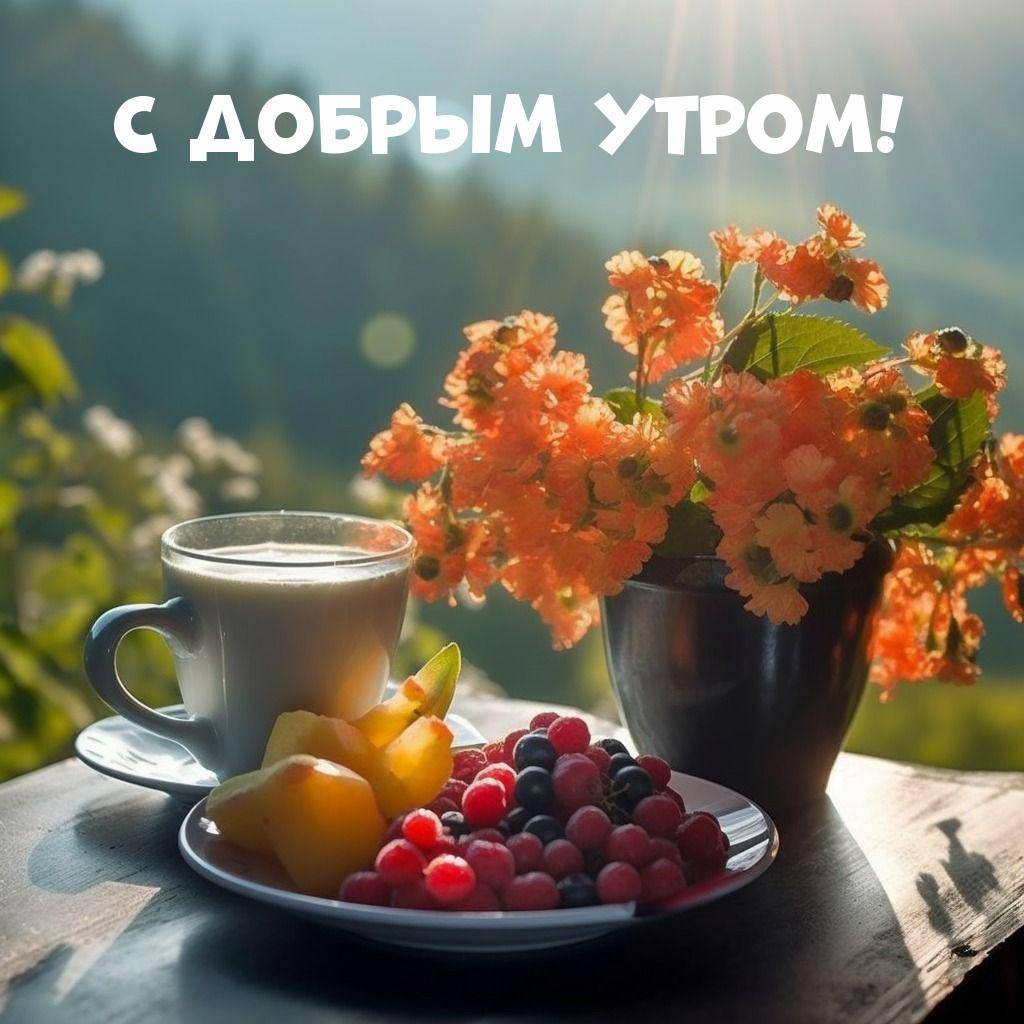 Утро, чашка, тарелка с ягодами и ваза с цветами