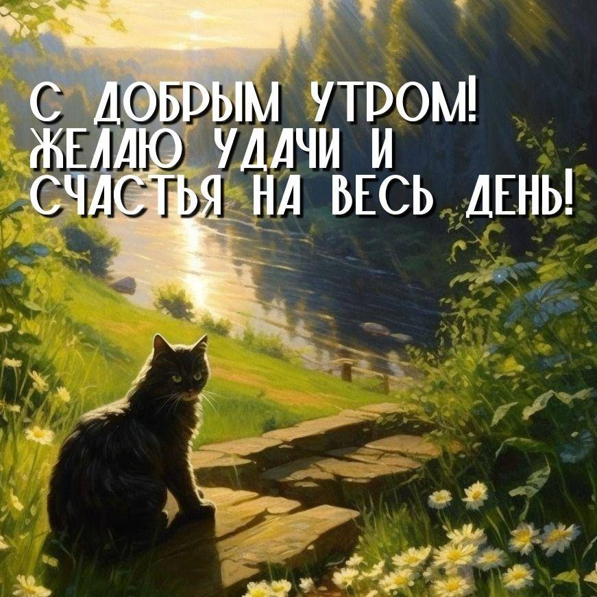 Утро, черная кошка на фоне речки и леса