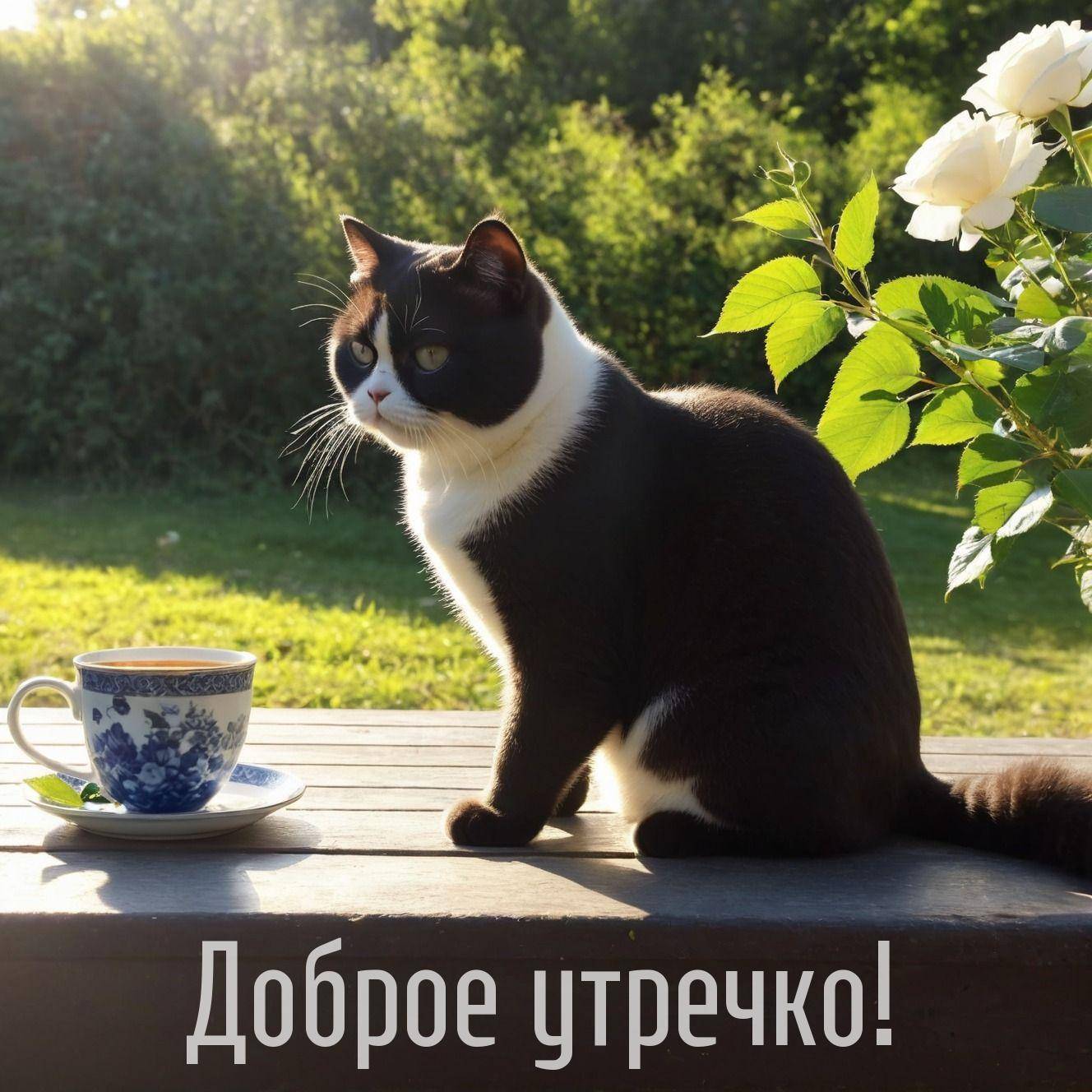 Утро, черно-белый кот сидит рядом с чашкой и блюдцем