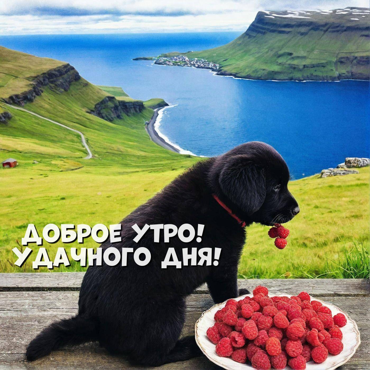 Утро, чёрный щенок с малиной рядом с тарелкой