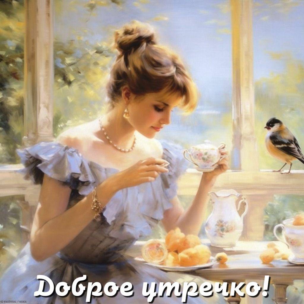 Утро, девушка с чашкой за столом