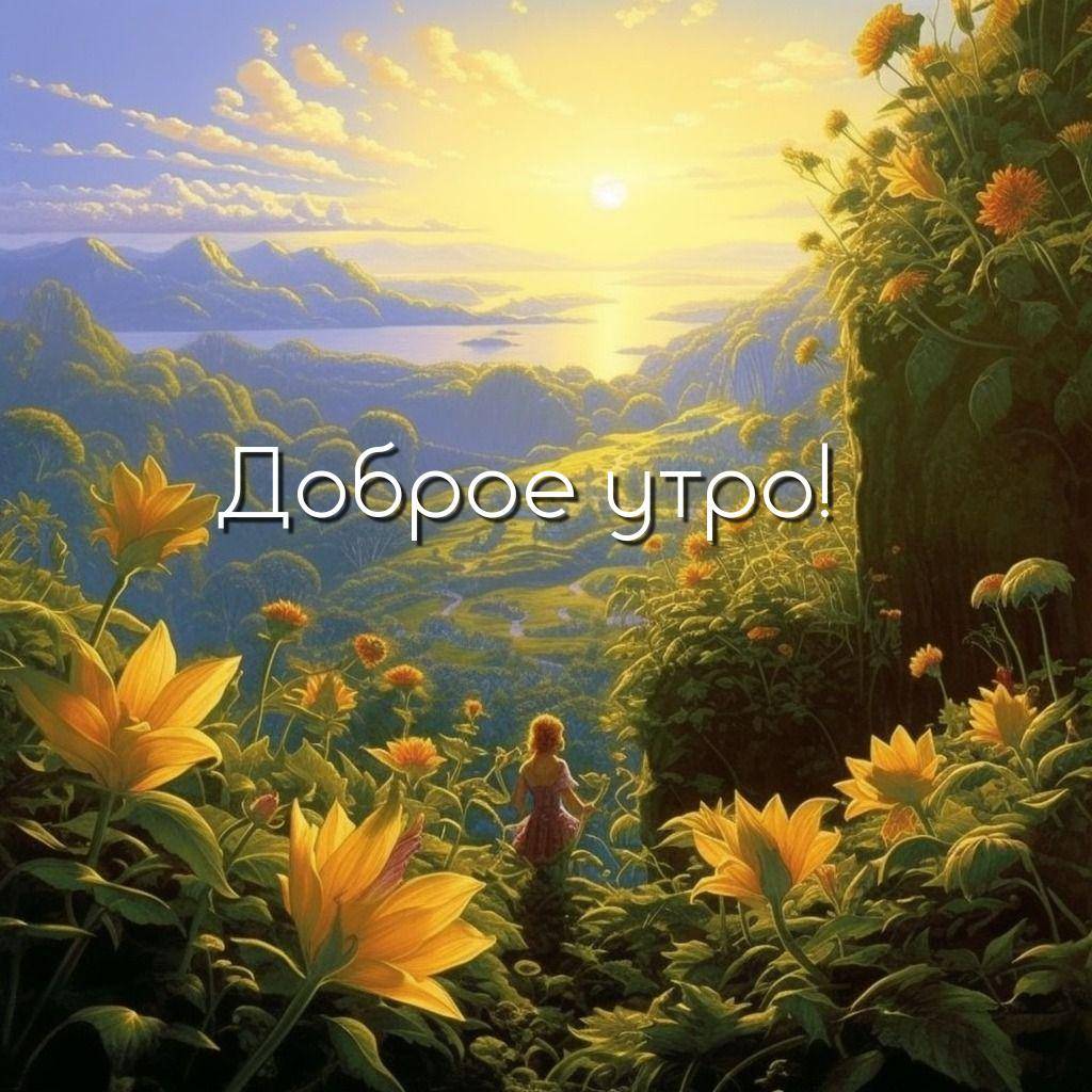 Утро, девушка среди жёлтых цветов на фоне гор и воды
