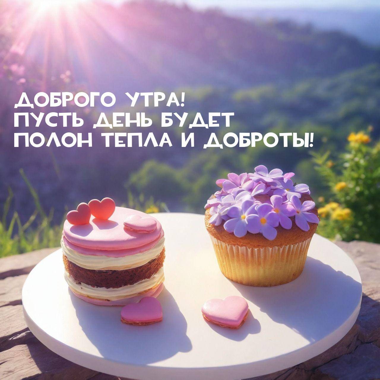 Утро, два десерта на белой подставке на открытом воздухе.