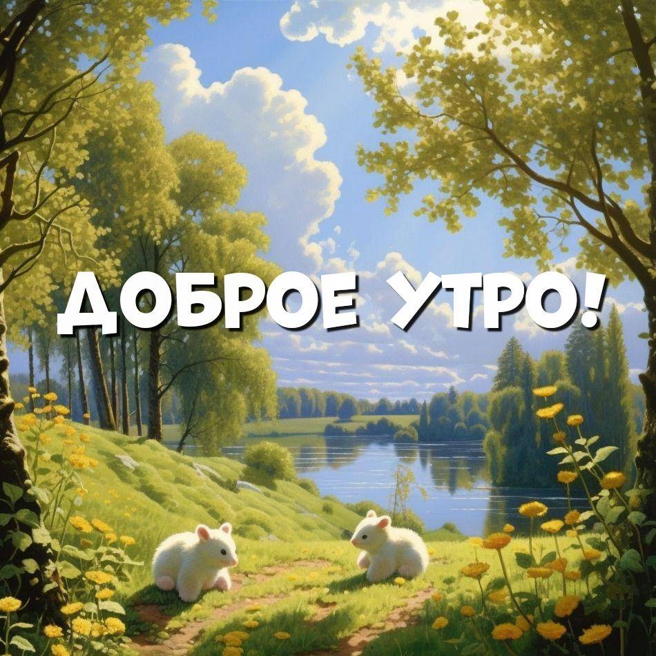 Утро, два медвежонка играют на траве среди цветов и леса