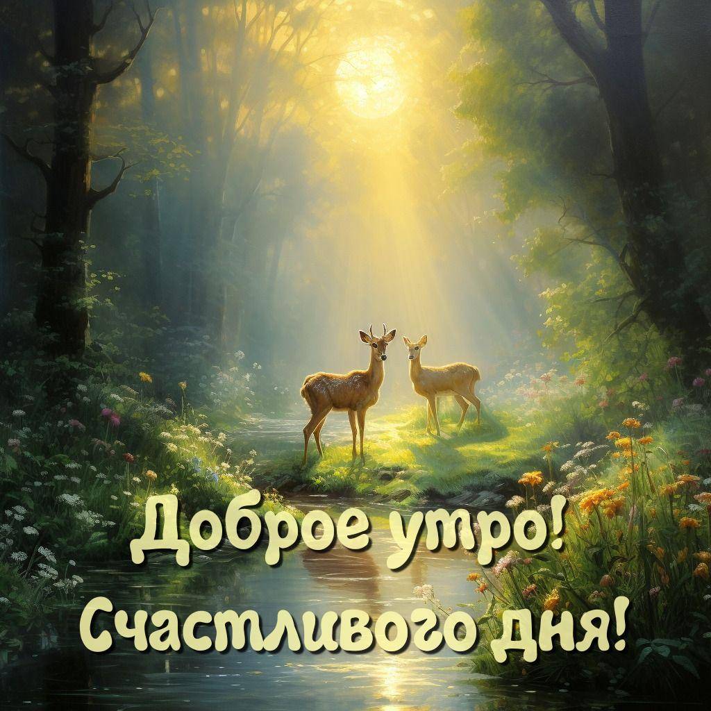Утро, два оленя на освещенной полянке у ручья