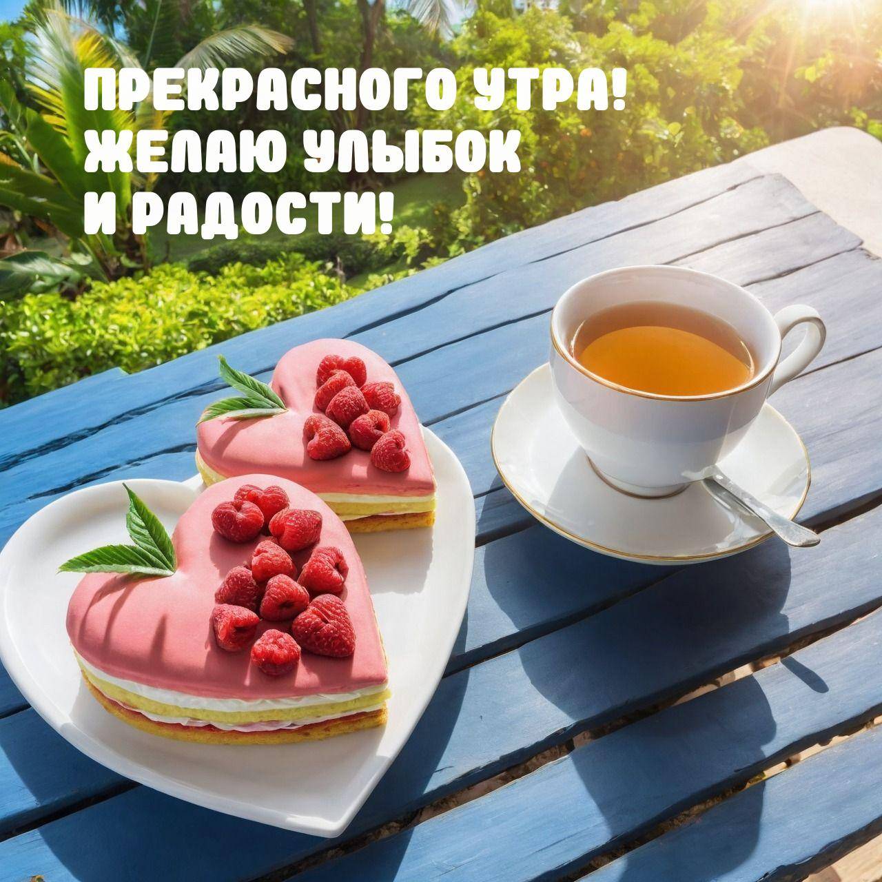 Утро, два розовых десерта, украшенных малиной на белой тарелке, рядом чай