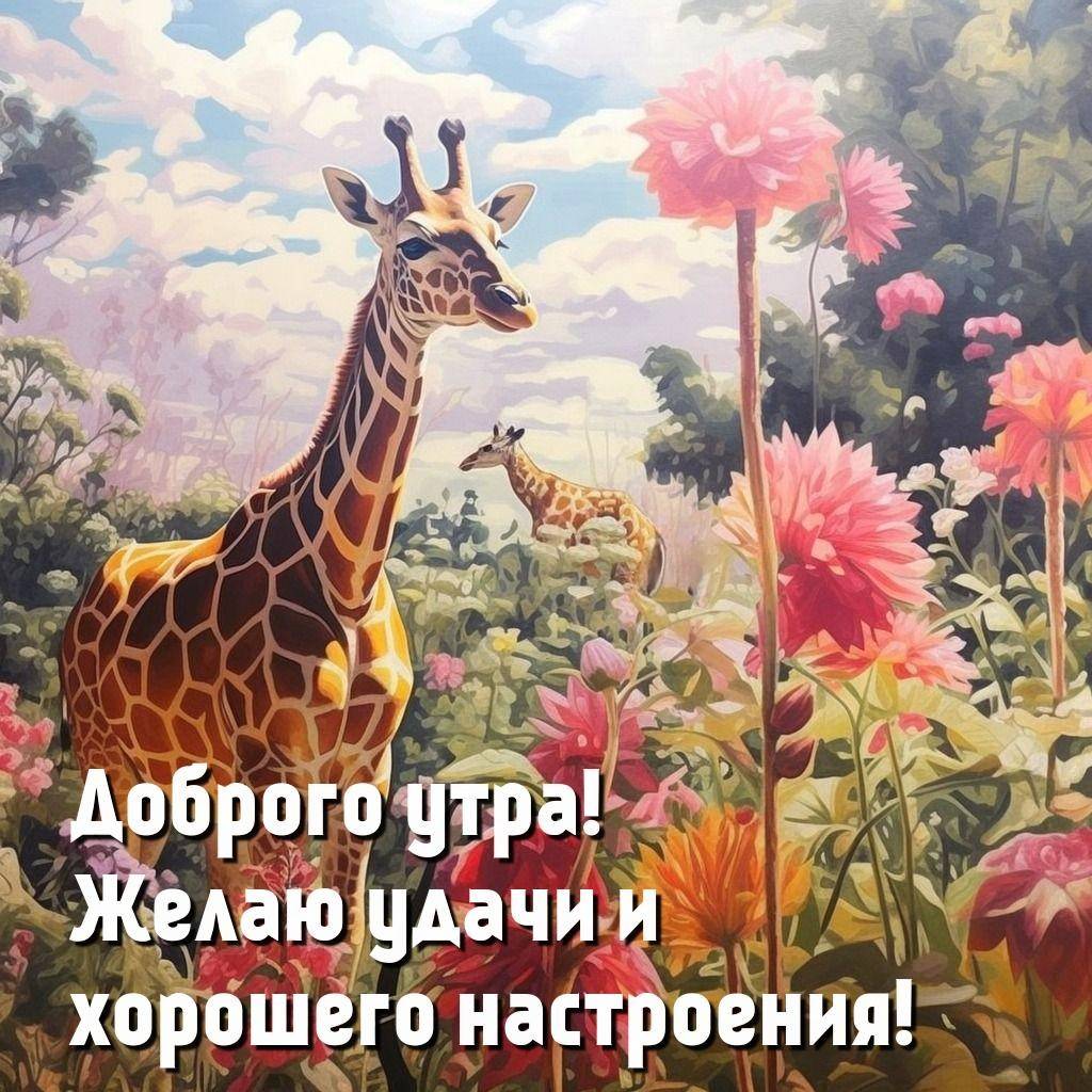Утро, два жирафа среди ярких цветов