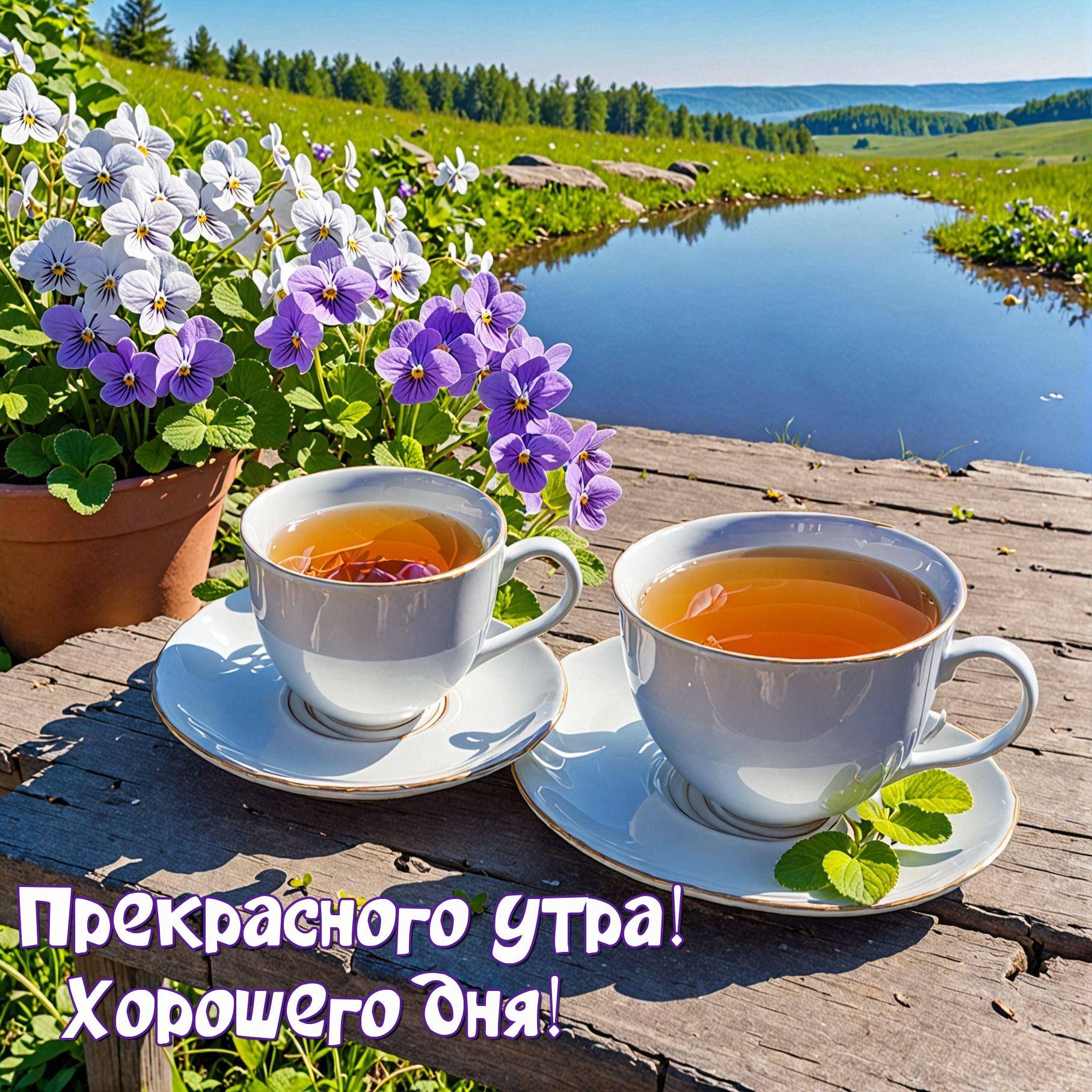 Утро, две чашки чая на столе, мята, фиалки, природа