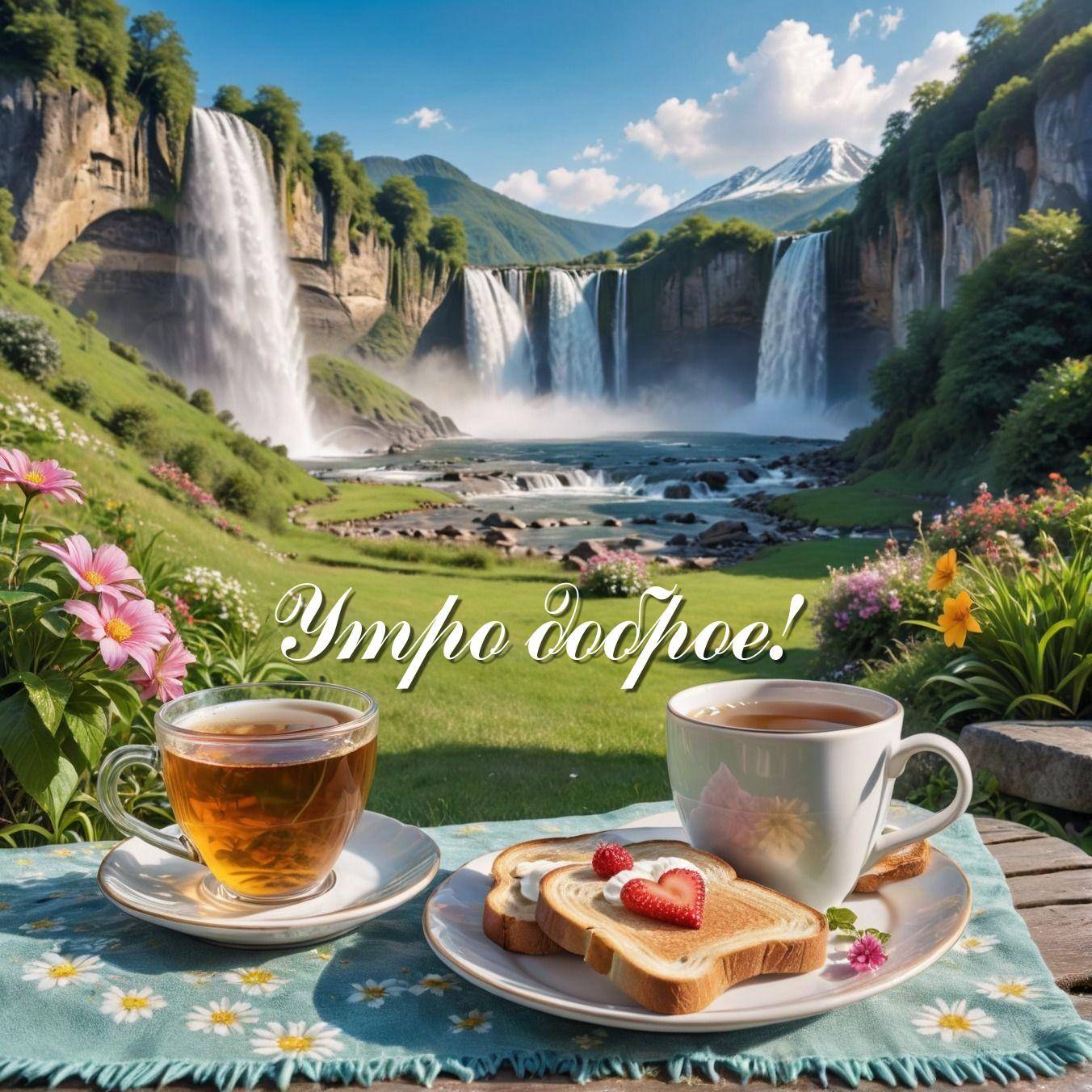 Утро, две чашки чая на столике с тостами на фоне водопада