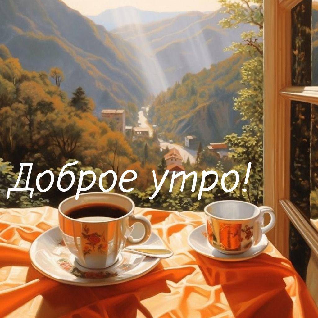 Утро, две чашки на столе с оранжевой скатертью. Вид на горы и лес