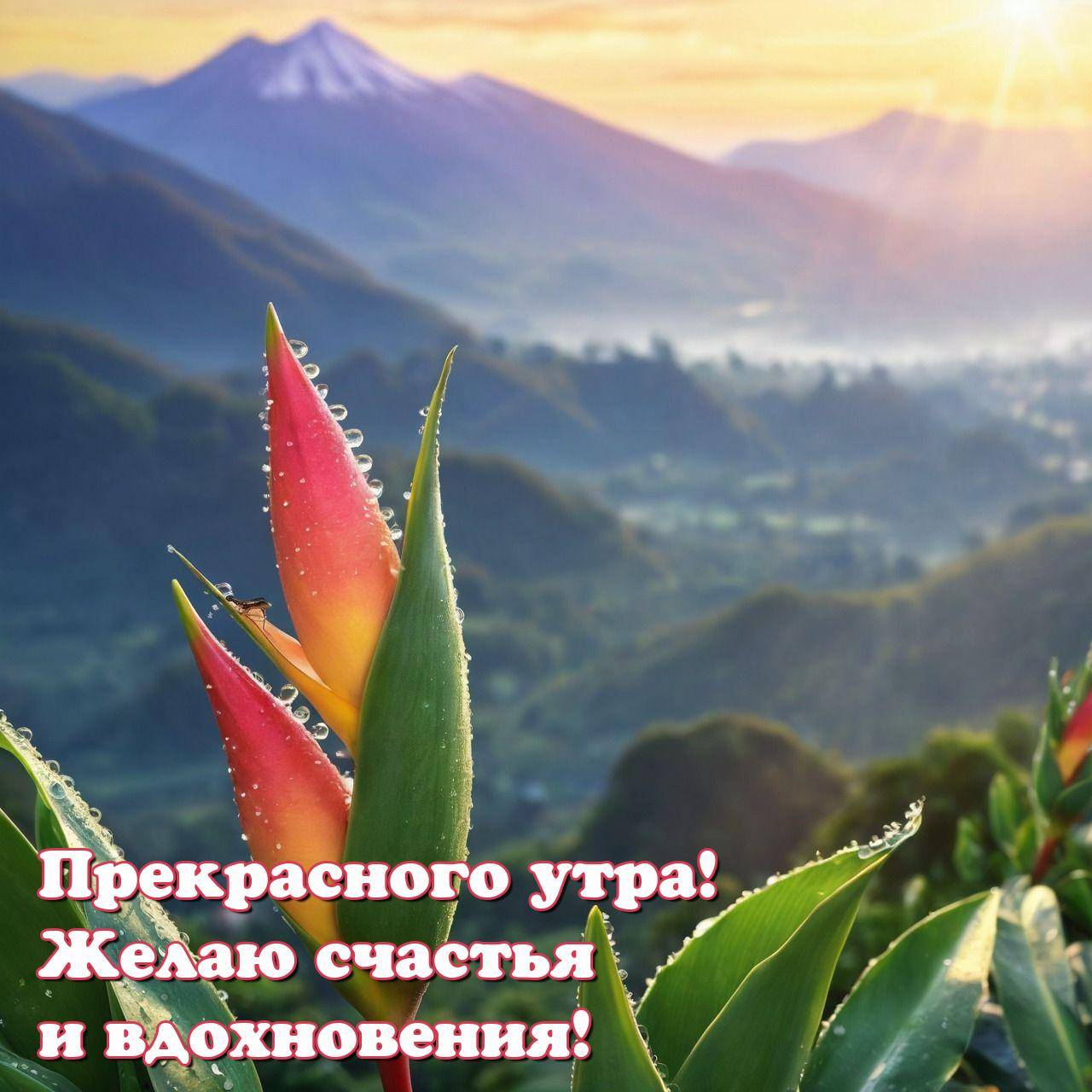 Утро, экзотический цветок с каплями влаги и горный ландшафт