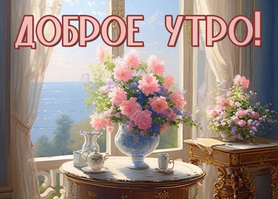 Утро, элегантная комната с цветами и видом на море