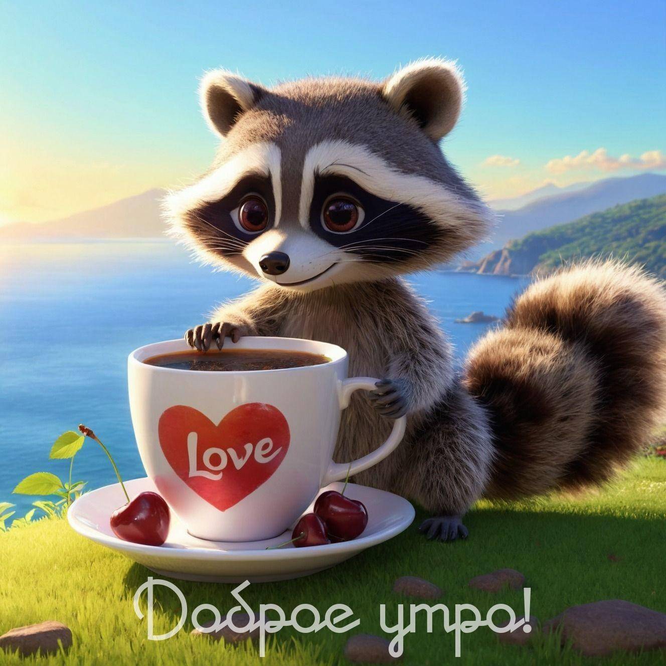 Утро, енот с чашкой LOVE и вишнями на фоне моря