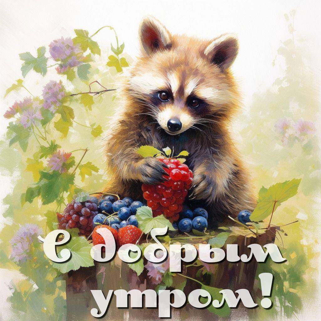 Утро, енот с малиной и ягодами на пне