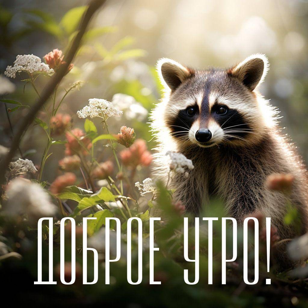 Утро, енот среди цветов и зелени, смотрящий в камеру.