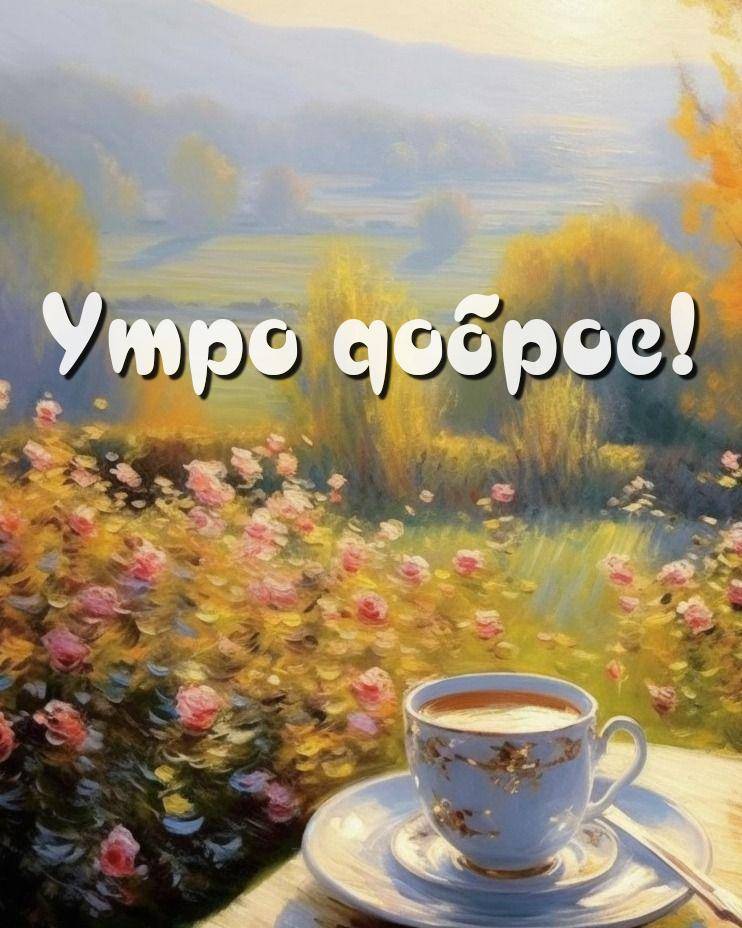 Утро, фарфоровая чашка на фоне розовых кустов и холмов