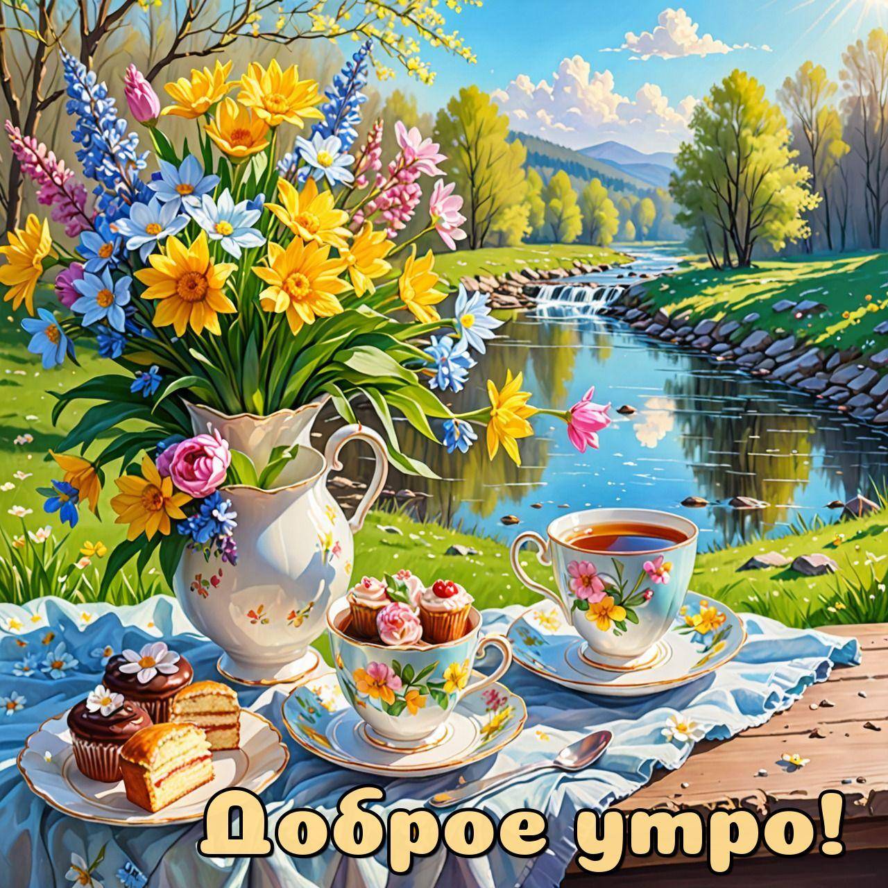 Утро, фарфоровые чашки с чаем и пирожные на столе.