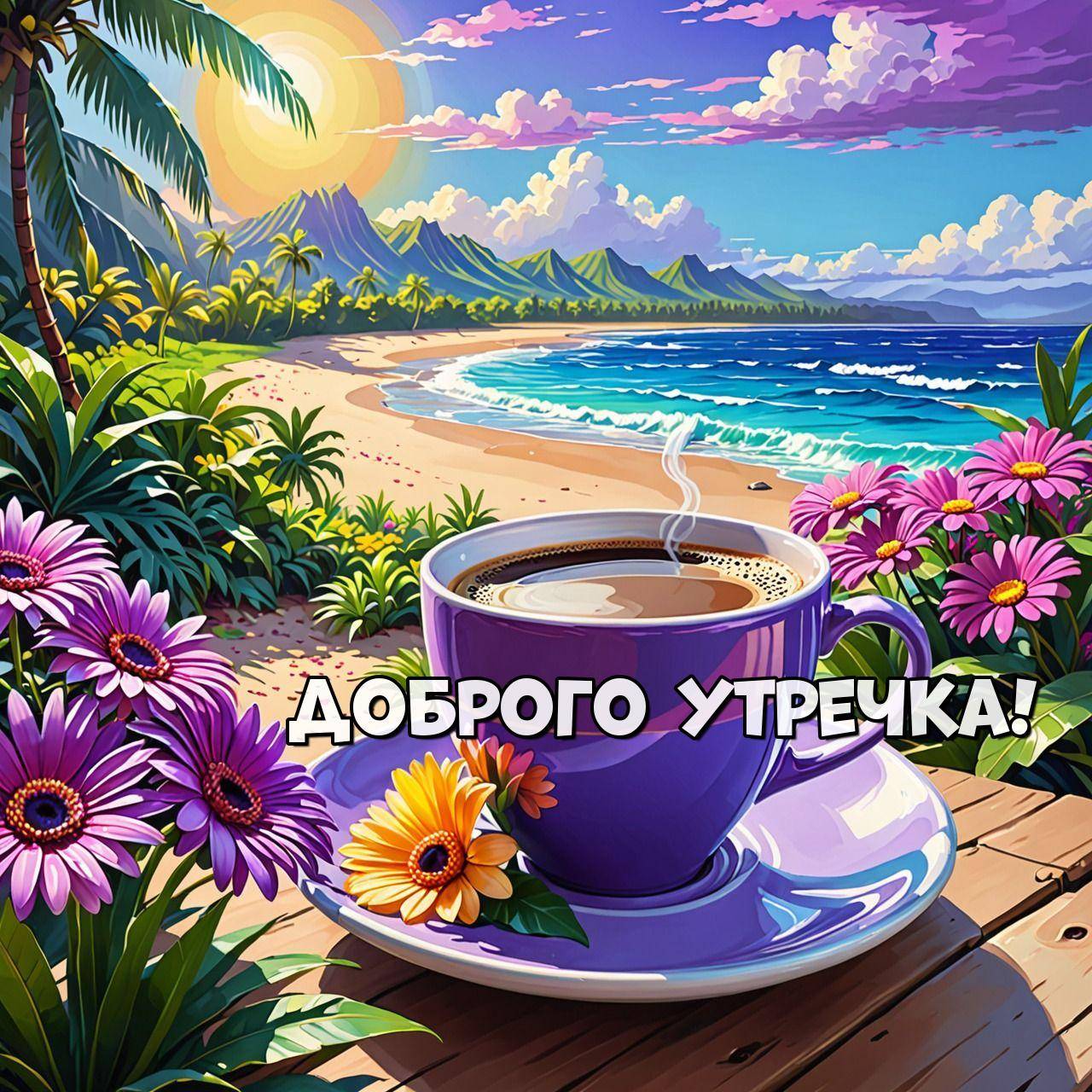 Утро, фиолетовая чашка с цветами на фоне пляжа