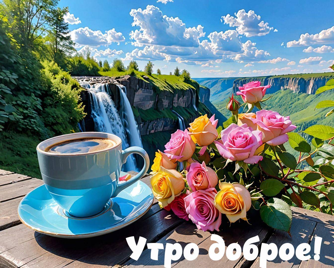 Утро, голубая чашка кофе, букет роз, водопад и лес.