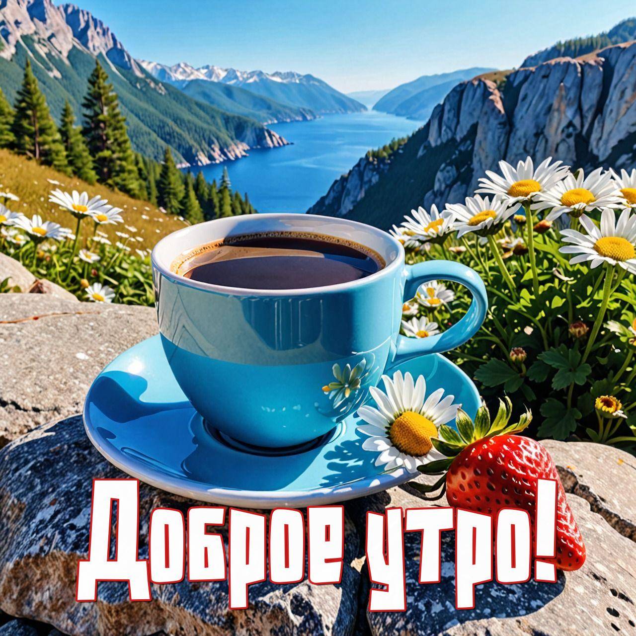 Утро, голубая чашка кофе с клубникой на камнях, ромашки