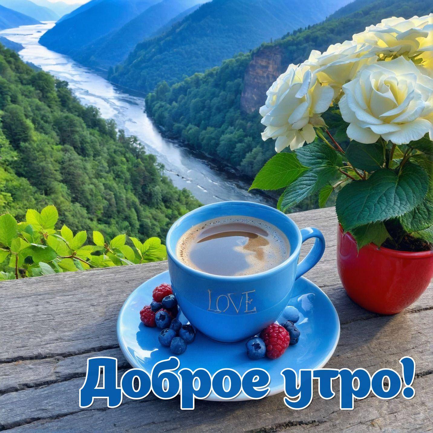Утро, голубая чашка LOVE, кофе и ягоды на фоне природы