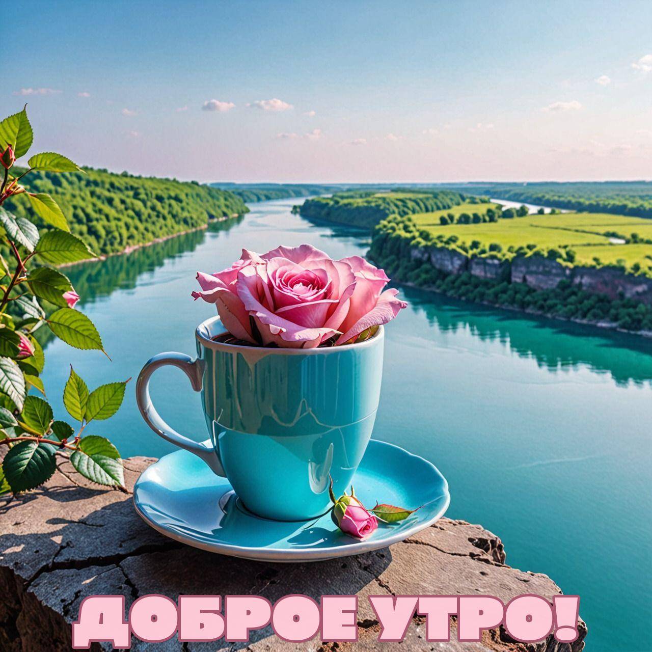Утро, голубая чашка с розой на камне