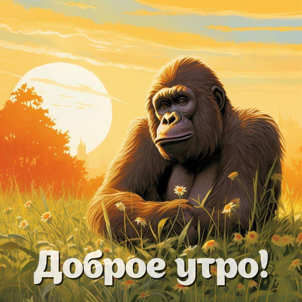 Утро, [Горилла в поле с цветами на фоне заката]