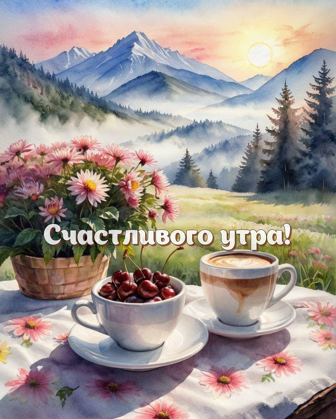 Утро, горная сцена с чашками и цветами на столе