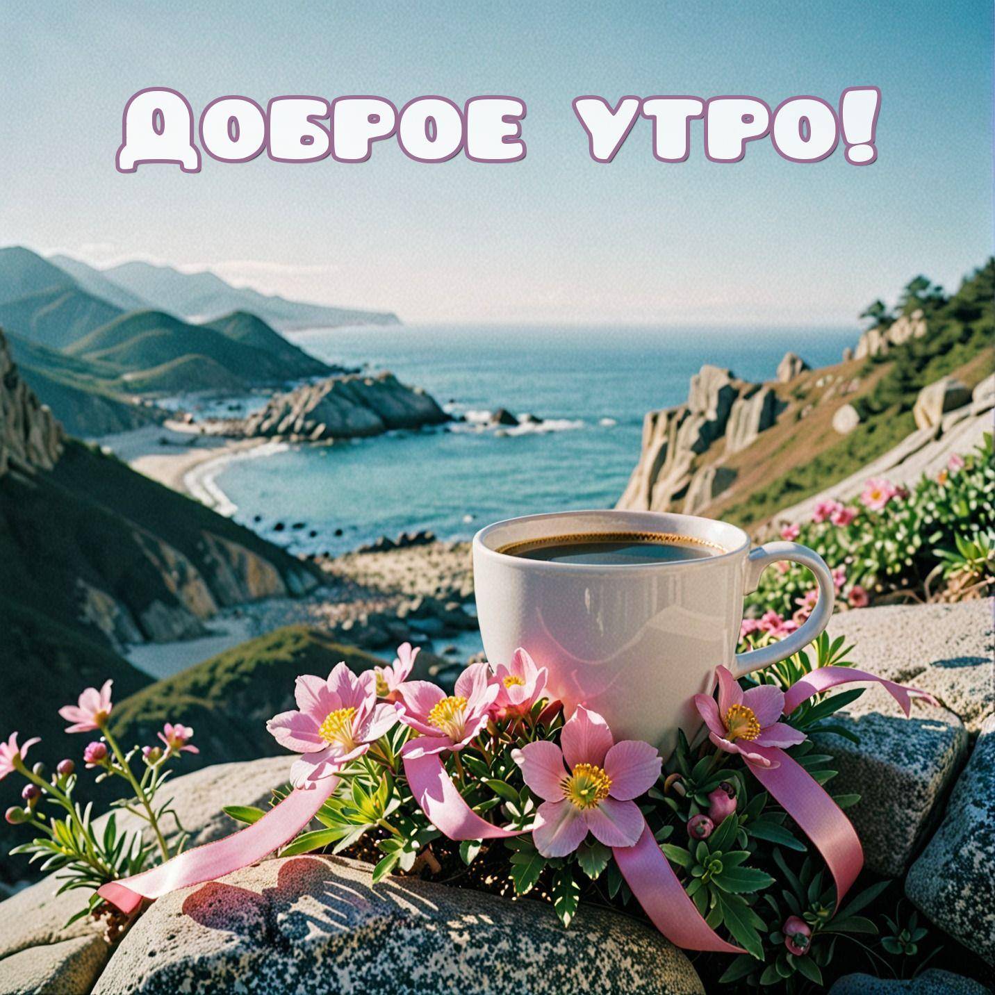 Утро, горный пейзаж с чашкой кофе на камне