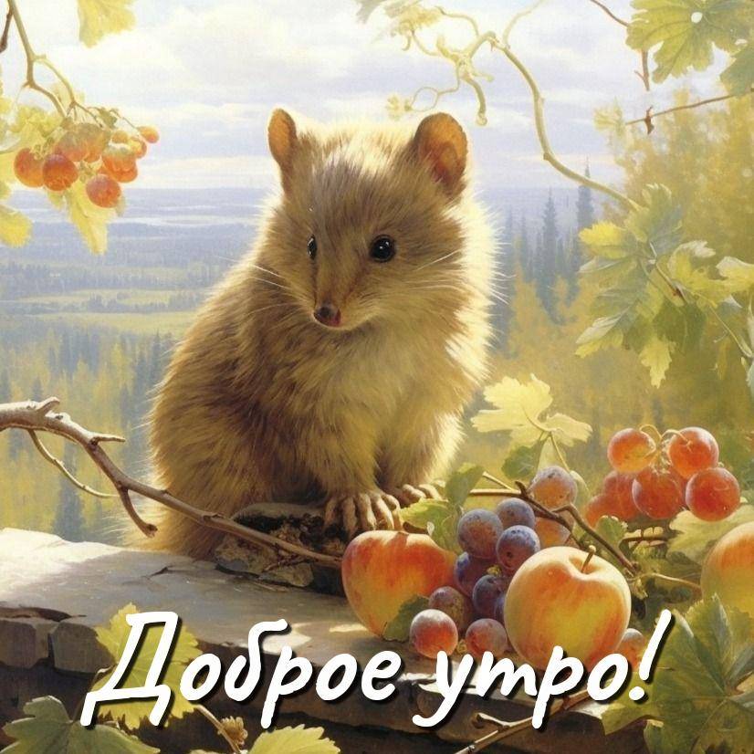 Утро, грызун с виноградом и яблоками на каменной поверхности