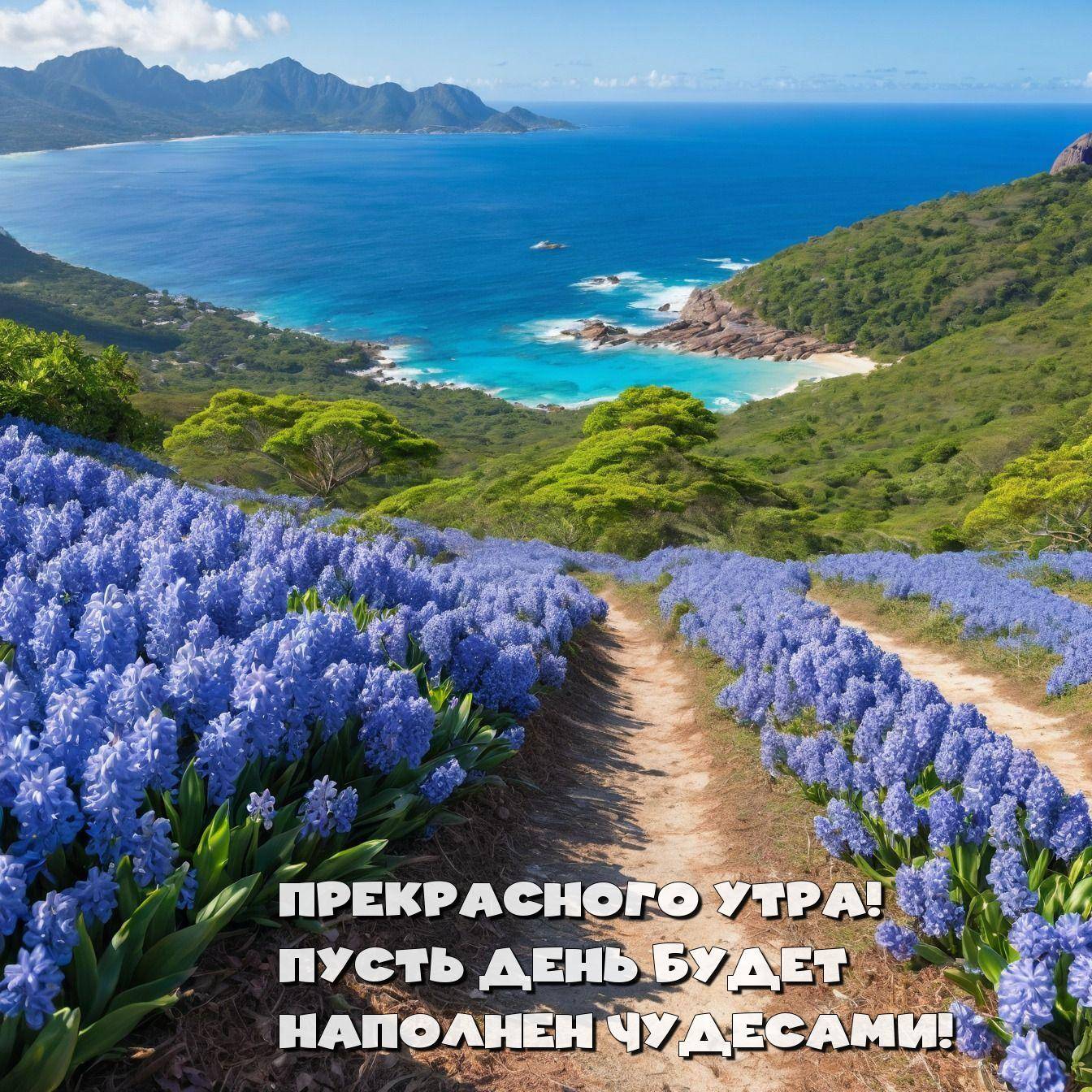 Утро, холмистая местность с гиацинтами и побережьем