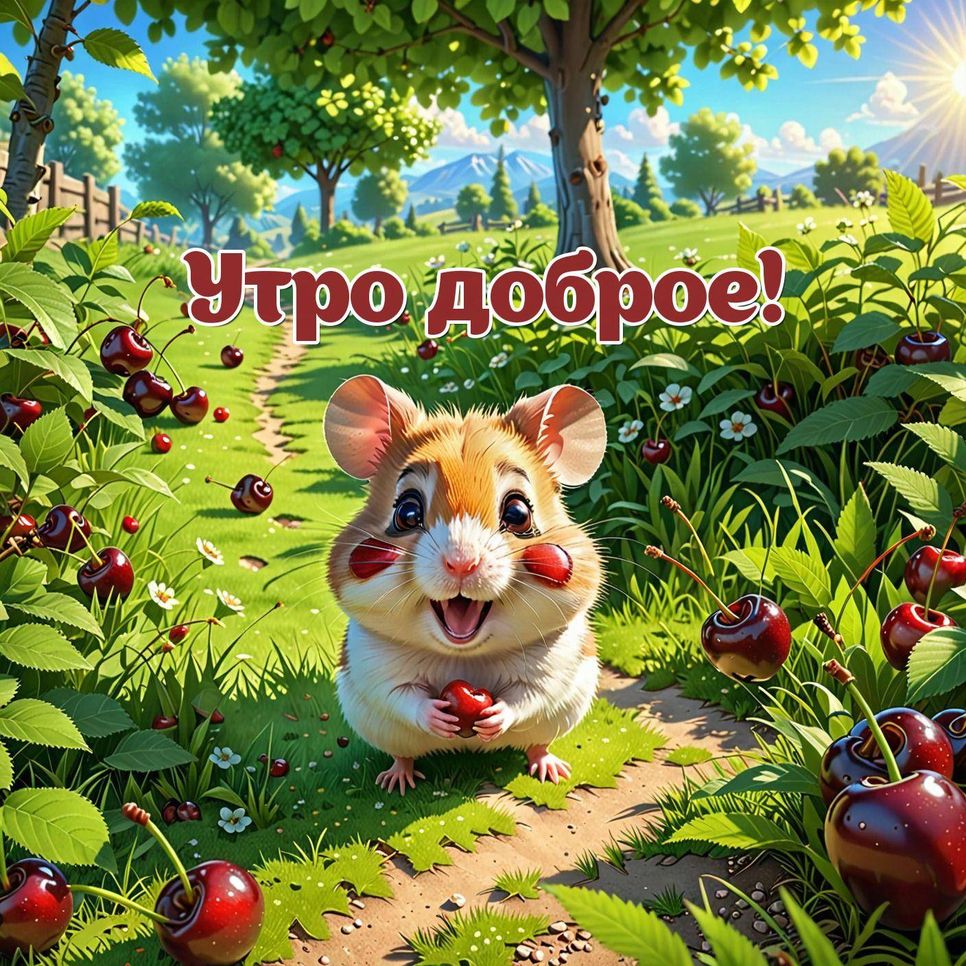 Утро, хомячок в саду с вишнями и травой