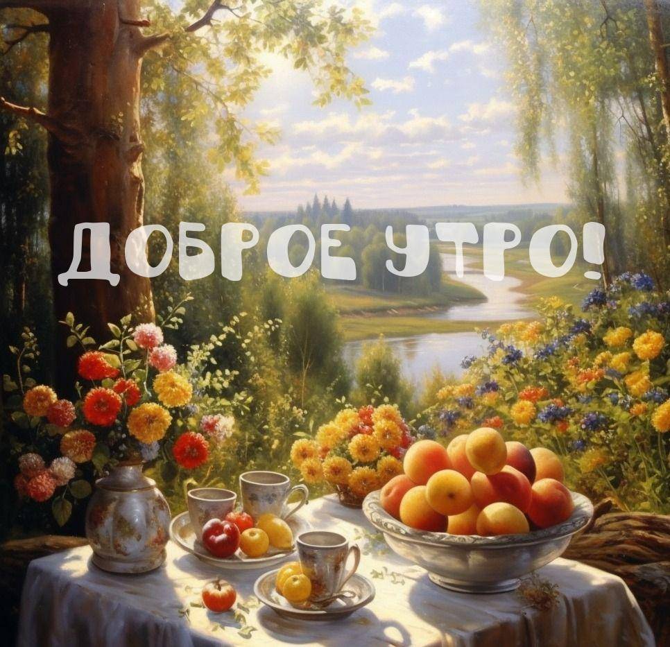 Утро, идиллическая сельская сцена с рекой и столом