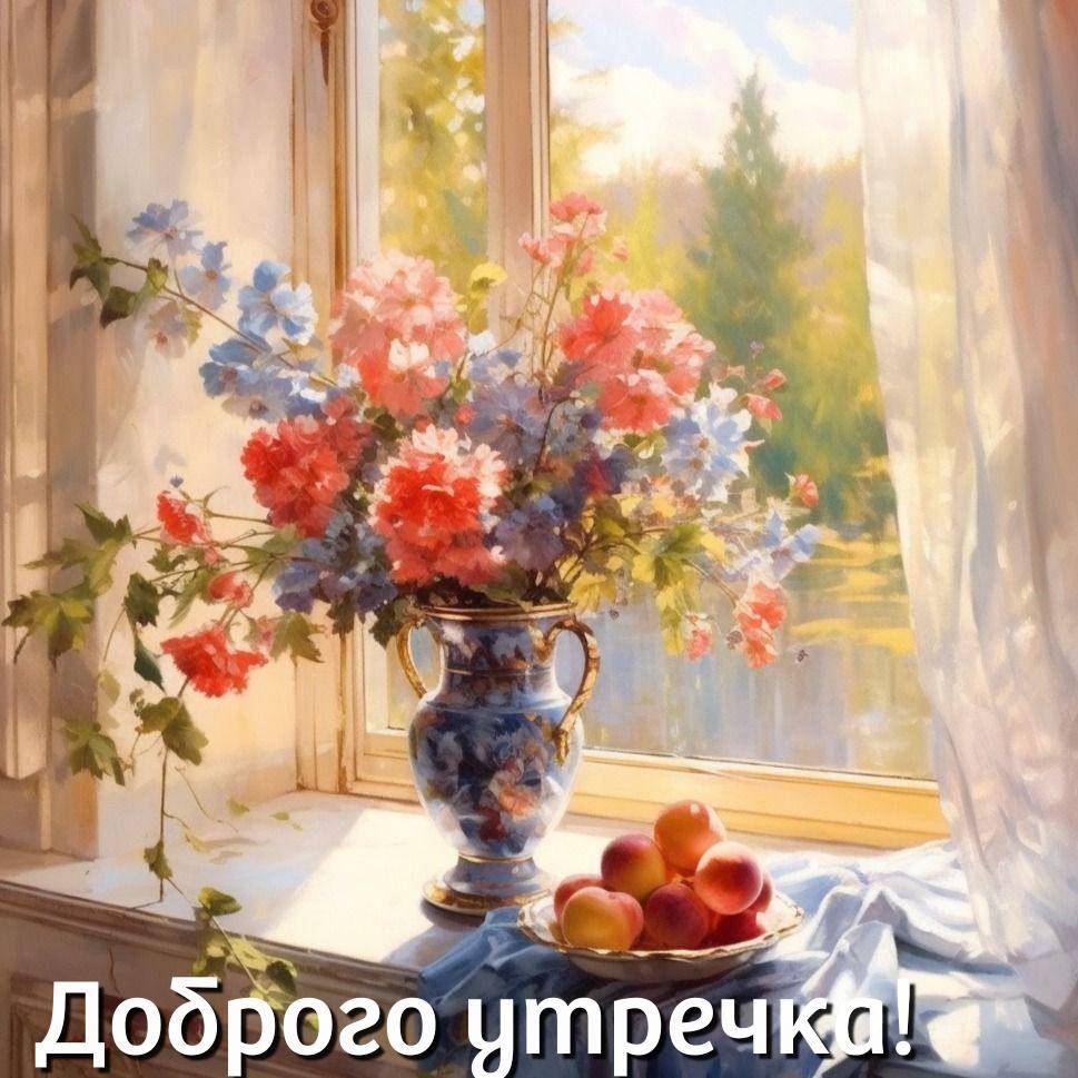 Утро, интерьер комнаты с вазой и фруктами