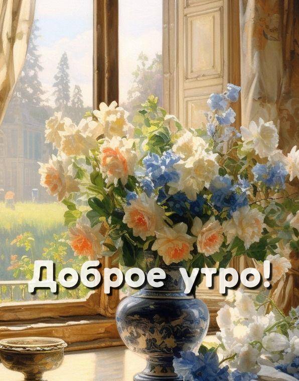 Утро, интерьер с вазой ярких цветов на подоконнике
