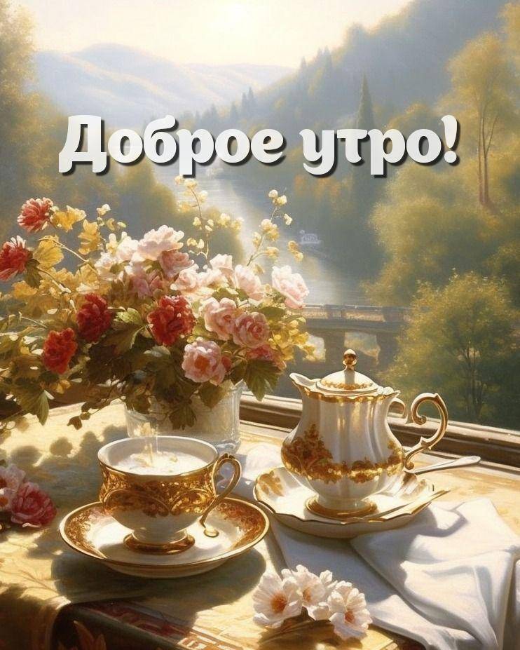 Утро, изящная чайная композиция на столе с цветами и пейзажем