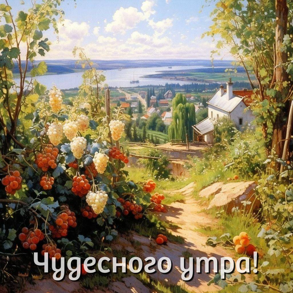 Утро, кисти винограда на фоне деревенского пейзажа