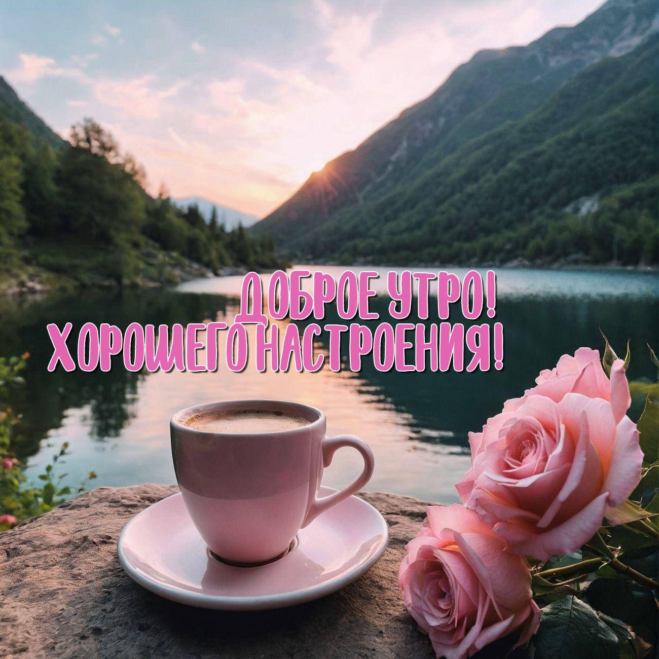 Утро, кофе в розовой чашке на камне