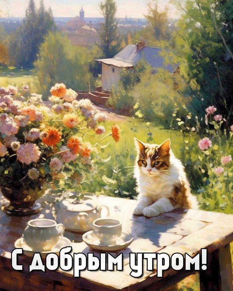 Утро, кофейный сервиз на столе с кошкой и цветами