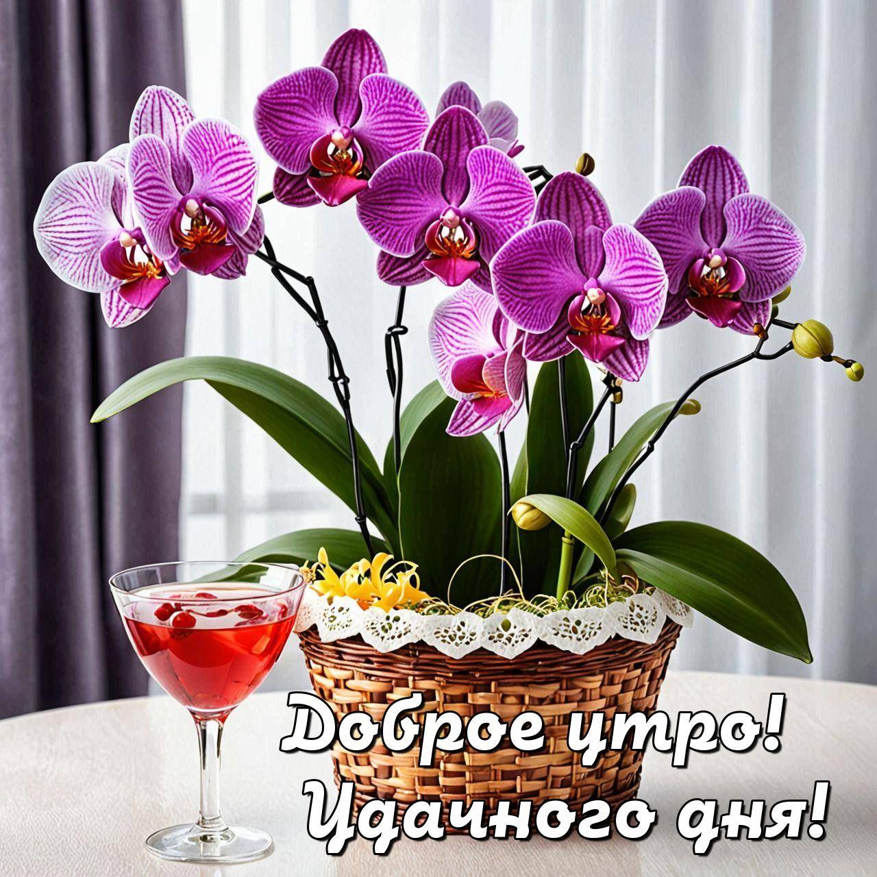 Утро, корзина с фиолетовыми орхидеями и стакан с напитком