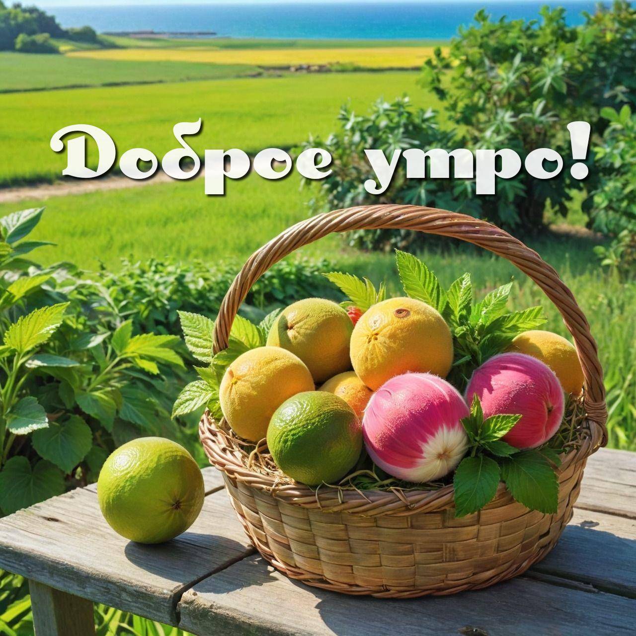 Утро, корзина с фруктами на деревянной поверхности