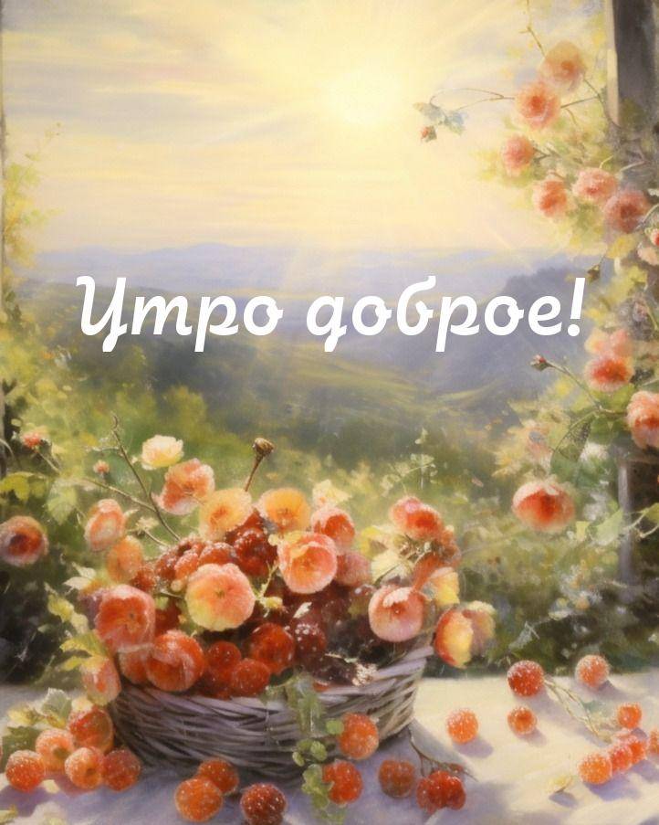 Утро, корзина с ягодами и цветами на столе