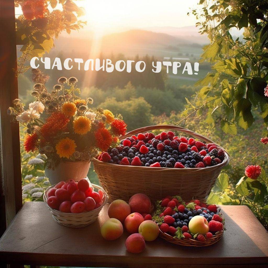 Утро, корзина с ягодами, яблоками и персиками