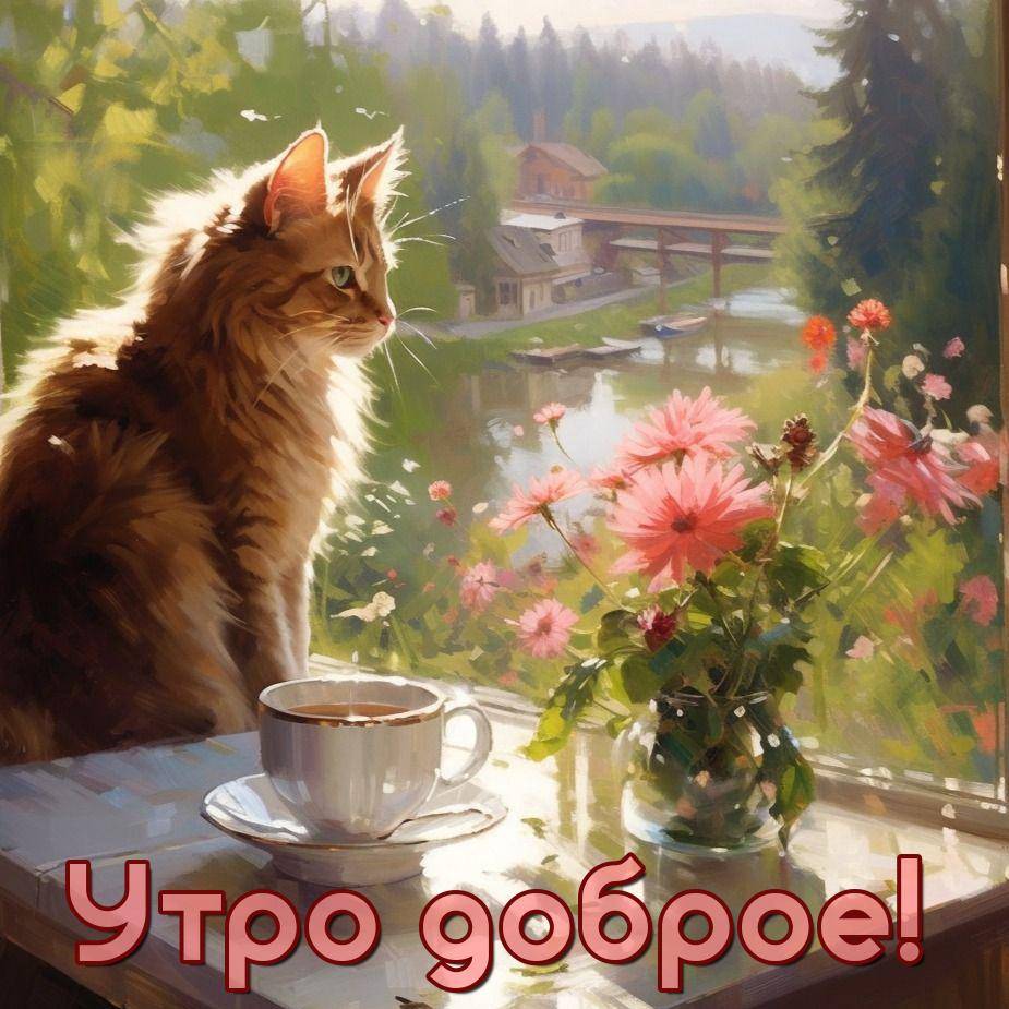 Утро, кошка на подоконнике, рядом чашка и ваза с цветами