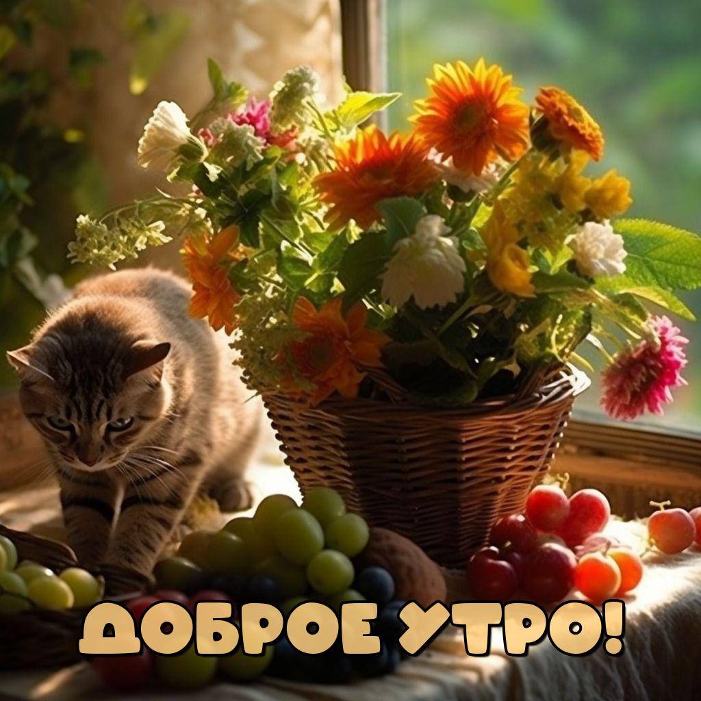 Утро, кошка на столе с цветами и ягодами