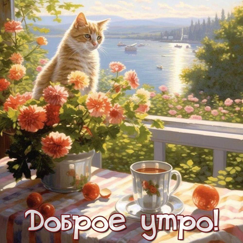 Утро, кошка на веранде с цветами и напитком