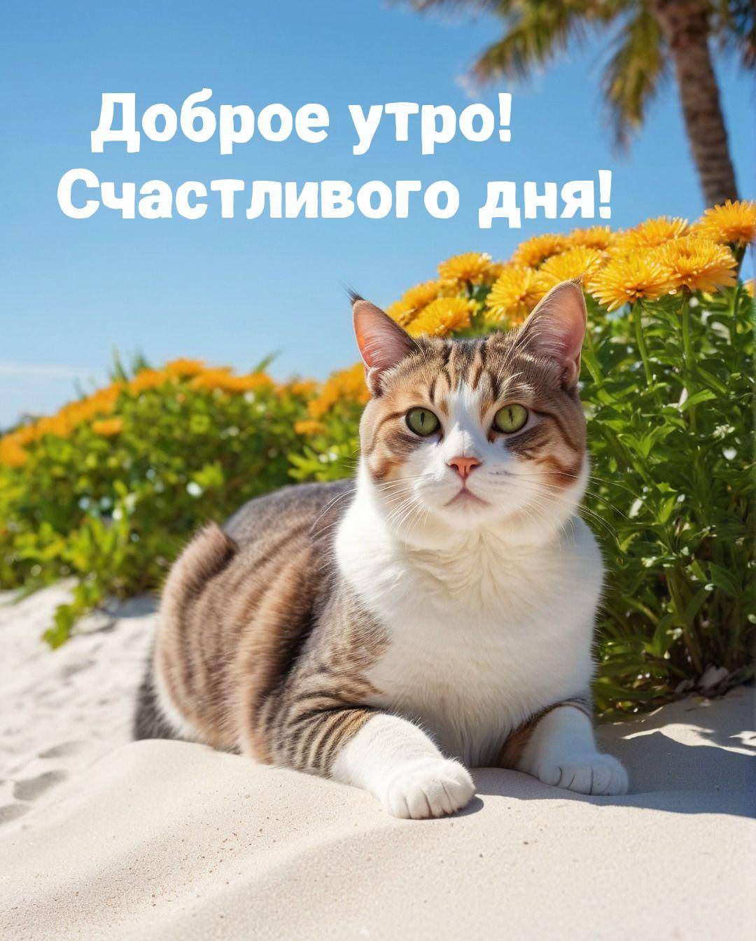 Утро, кот лежит на песке, фон - кусты и пальма